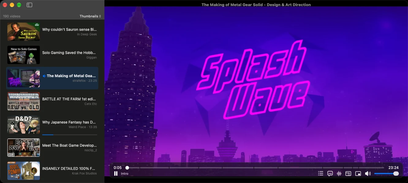 The queue sidebar on the left, the video playing on the right with its controls
