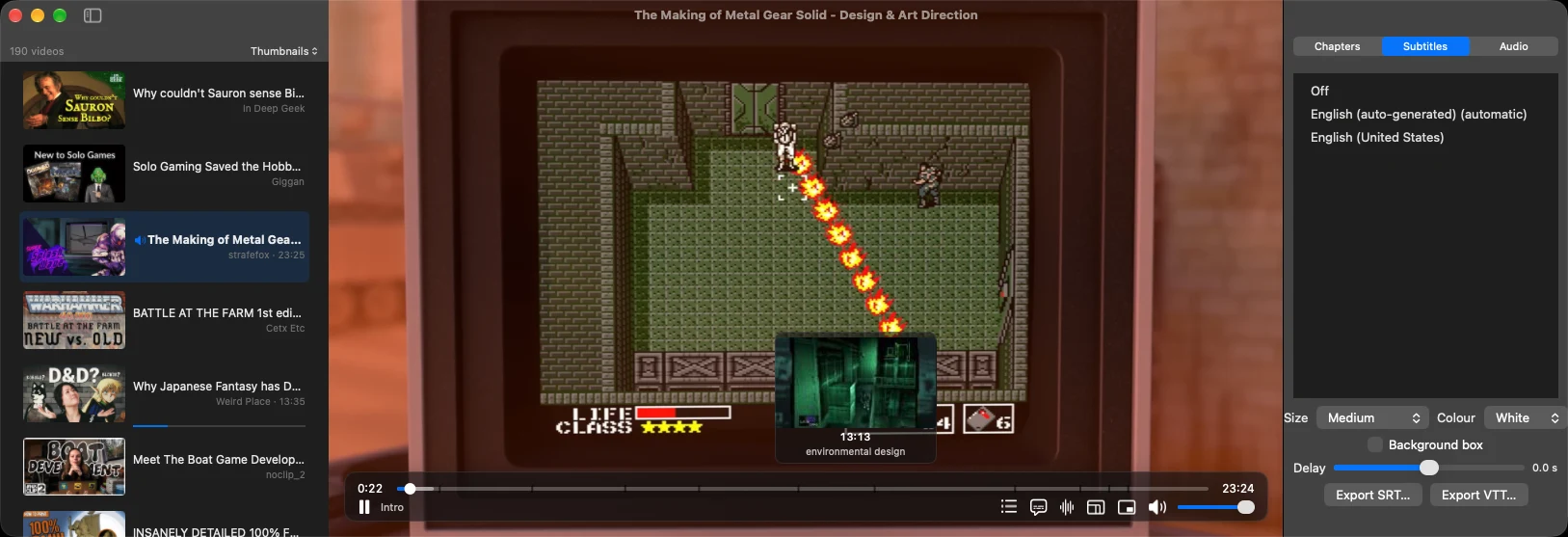The subtitle page of the inspector, and a thumbnail preview above the seek bar