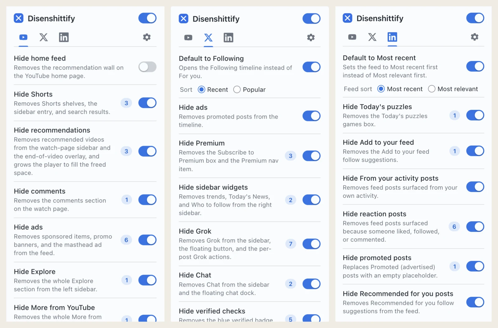 The extension popup on its three tabs, each listing the features it can hide with a switch and a count