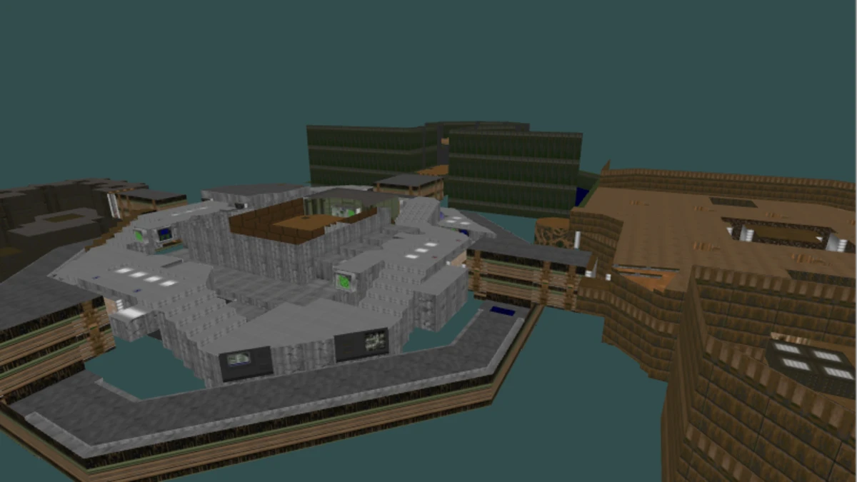 A Doom level rendered in 3D with its original wall and floor textures