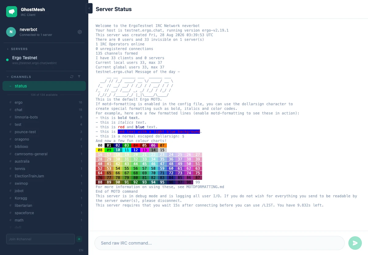 The channel list showing 134 channels with their user counts, beside the server status pane