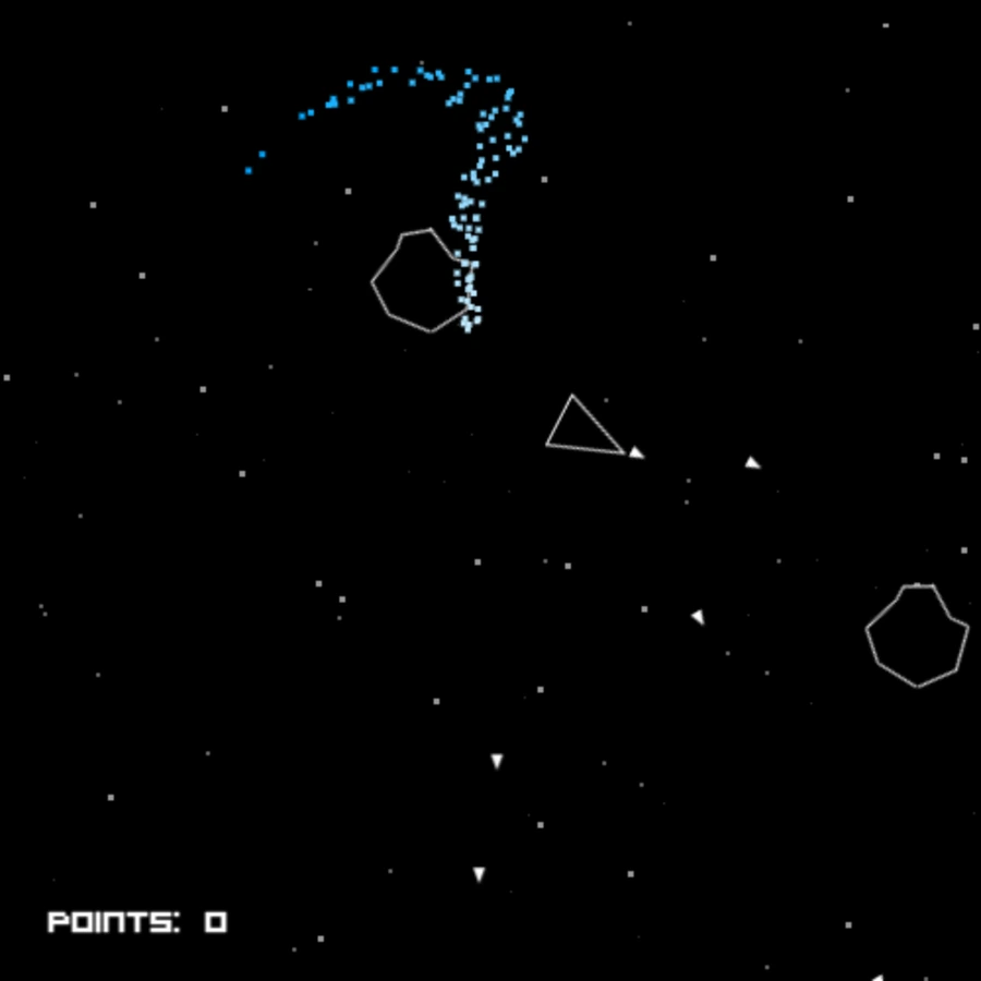 The ship, its particle trail, two shots in flight and the asteroids