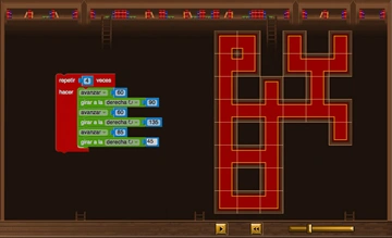 Blockly blocks on the left, a maze level on the right