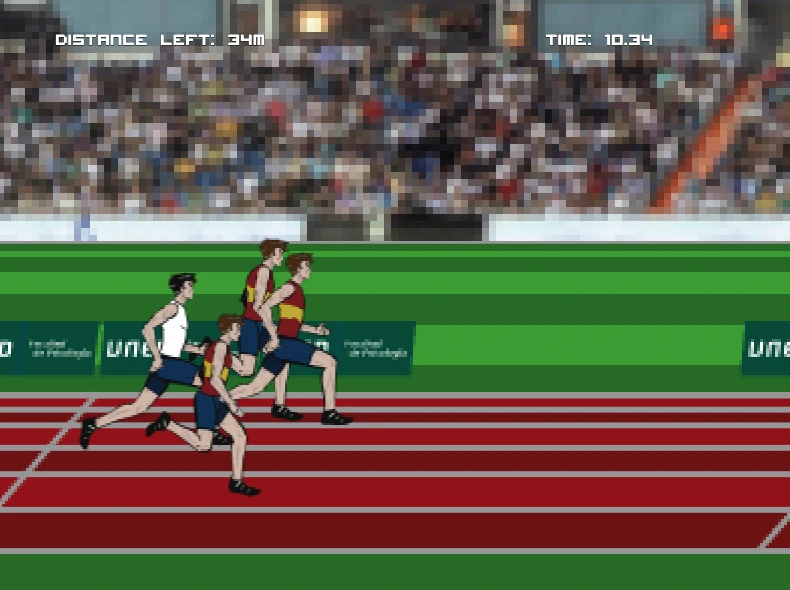 A race on an athletics track, with distance and time on screen