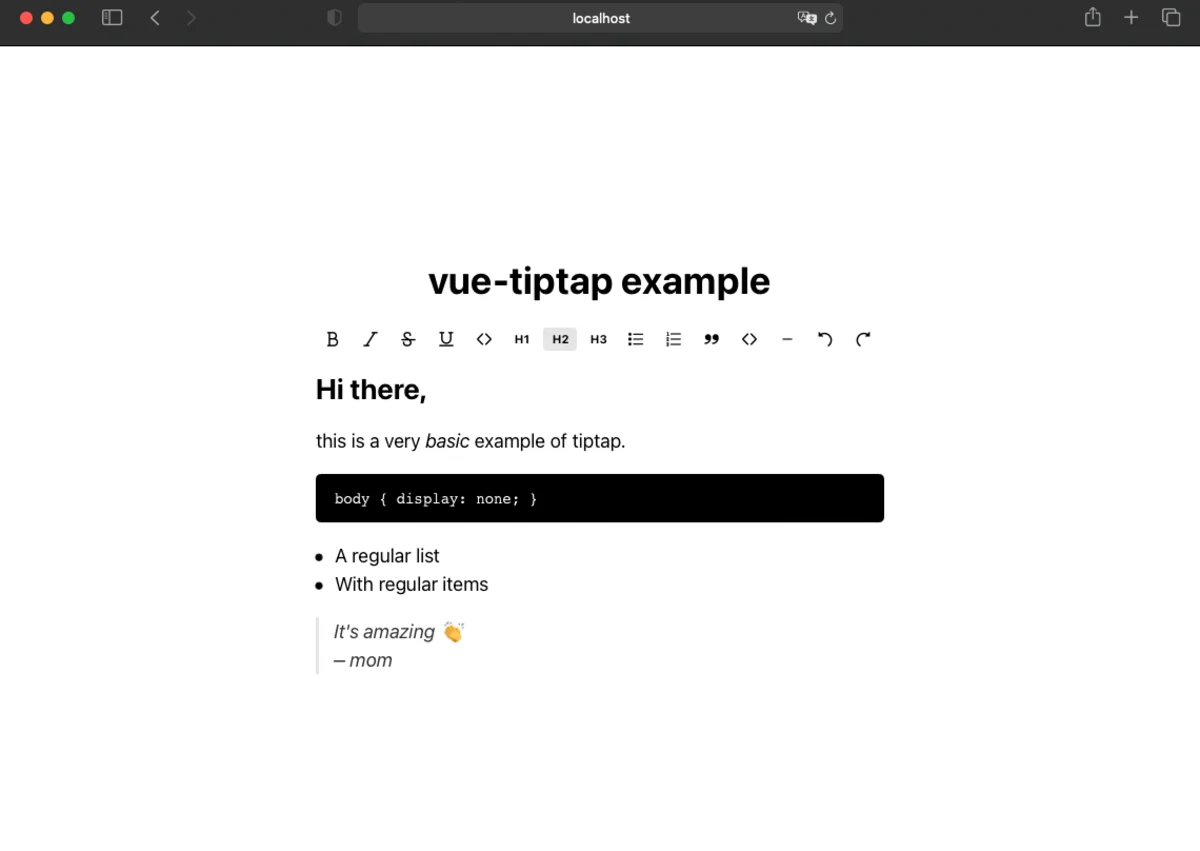 The example application: a browser window with a toolbar and a document showing headings, a code block, a list and a quotation